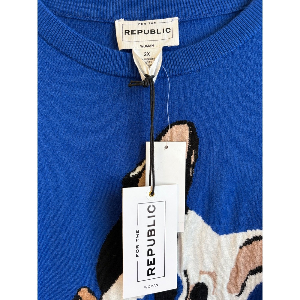 For The Republic Woman Blue French Bulldog Bow Tie Sweater Plus Size 2X NWT - Picture 3 of 5